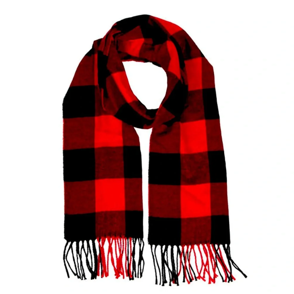 Cashmere feel Red/Black Buffalo Plaid Scarf with 3” fringe. Size 72”by 12”. NWT.